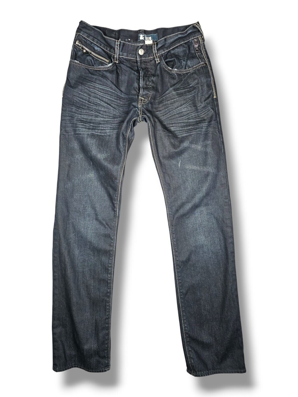 Dark Wash Straight Leg Denim Jeans Zip Pockets Casual Y2K 2000s Streetwear 30x32